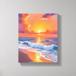 Golden Hour Orange Sunset Beach Ocean Painting Canvas Afdruk