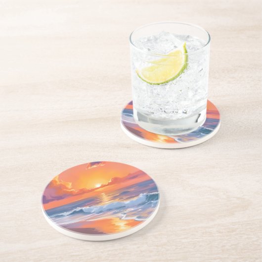 Golden Hour Orange Sunset Beach Ocean Painting Zandsteen Onderzetter (Zijkant)