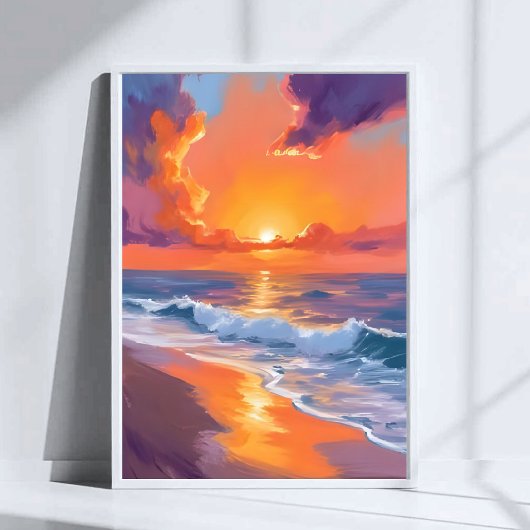 Golden Hour Oranje Sunset Beach Ocean Painting Poster