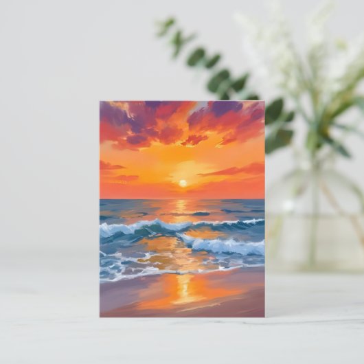 Golden Hour Sunset Ocean Beach Schilderij Briefkaart (Staand voorkant)