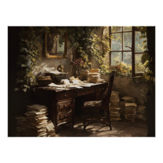 Golden Hour Vintage Study Desk Perfect Poster