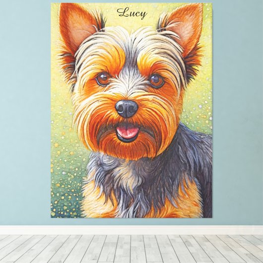 Golden Hued Yorkshire Terrier Radiant Dog Portrait Canvas Afdruk (Insitu (Houten vloer))