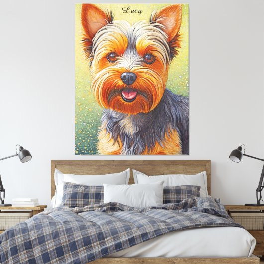 Golden Hued Yorkshire Terrier Radiant Dog Portrait Canvas Afdruk (Insitu (Slaapkamer))
