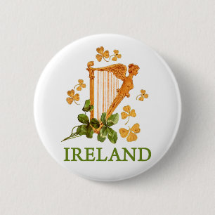 Golden Irish Harp met Golden en Green Shamrocks Ronde Button 5,7 Cm