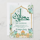 Golden Islamic Arch Teal Butterflies Eid Mubarak Feestdagenkaart (Voorkant)