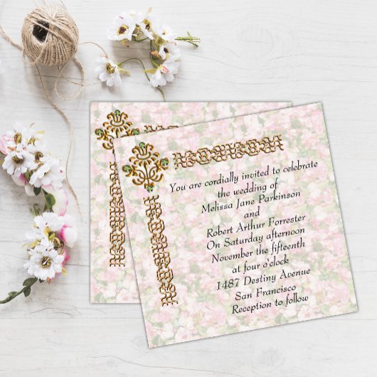 Golden Jeweled Floral Wedding Kaart
