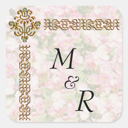 Golden Jeweled Floral Wedding Monogrammed Vierkante Sticker (Voorkant)