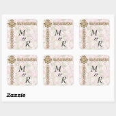 Golden Jeweled Floral Wedding Monogrammed Vierkante Sticker (Vel)