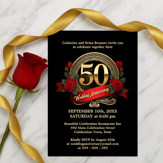 Golden Jubilee Black & Red Roses 50e Jubileum Kaart