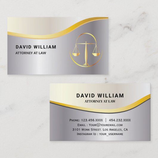 Golden Justice Scale Lawyer Attorney Silver Visitekaartje (Voorkant / Achterkant)