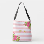 Golden kalligrafie op roze en witte strips crossbody tas (Achterkant)