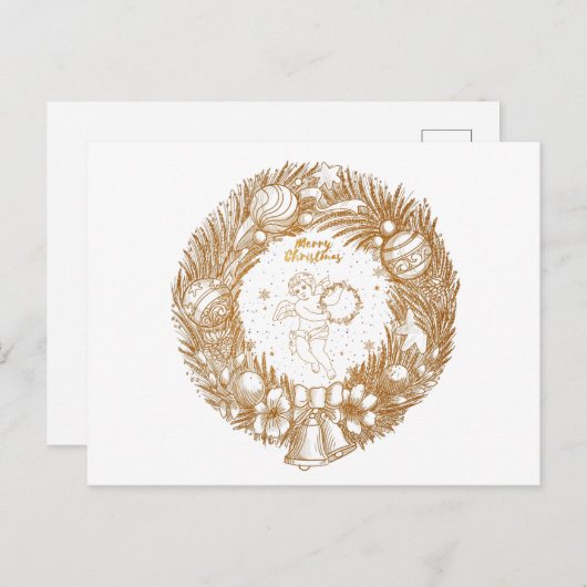 Golden Kerstmis Angel-Wreath-Merry kerst Feestdagenkaart (Voorkant / Achterkant)