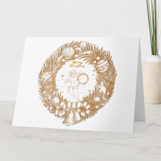 Golden Kerstmis Angel-Wreath-Merry kerst Kaart (Voorkant)