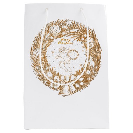 Golden Kerstmis Angel-Wreath-Merry kerst Medium Cadeauzakje (Voorkant)