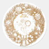 Golden Kerstmis Angel-Wreath-Merry kerst Ronde Sticker (Voorkant)