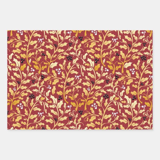 Golden Kerstmis Holly patroon op rood Inpakpapier Vel (Voorkant 3)