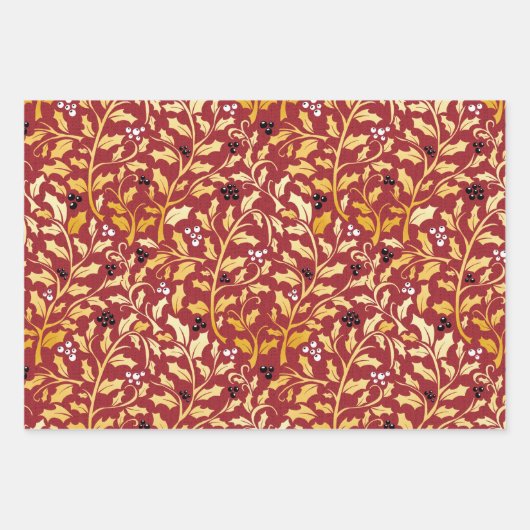 Golden Kerstmis Holly patroon op rood Inpakpapier Vel (Voorkant)