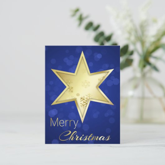 Golden kerstster Blue Bokeh Holiday Briefkaart (Staand voorkant)
