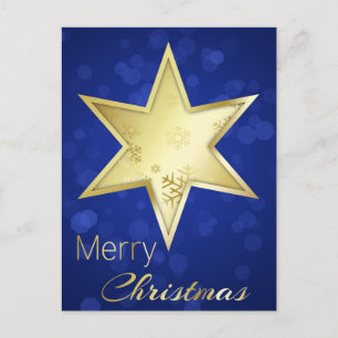 Golden kerstster Blue Bokeh Holiday Briefkaart