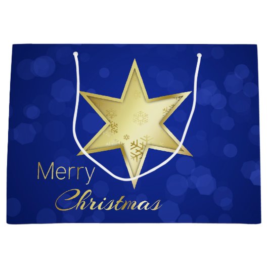 Golden Kerstster Blue Bokeh Large Cadeautasje (Voorkant)