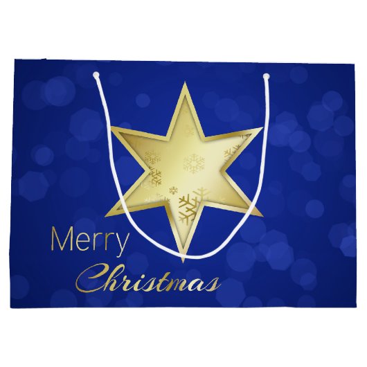 Golden Kerstster Blue Bokeh Large Cadeautasje (Achterkant)