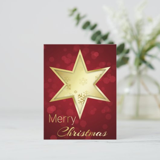 Golden kerstster Red Bokeh Holiday Briefkaart (Staand voorkant)