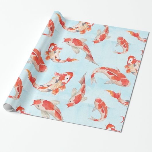 Golden Koi Carp Fish Waterverf over watery Blue Cadeaupapier (Uitgerold)