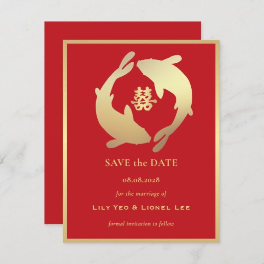 Golden Koi en Dubbele Geluk | Datum opslaan Kaart (Voorkant / Achterkant)