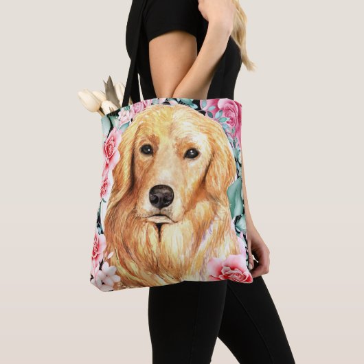 Golden lab waterverf hond gezicht roos waarkunst tote bag (Dichtbij)