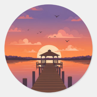 Golden Lake Sunset met houten dok Ronde Sticker
