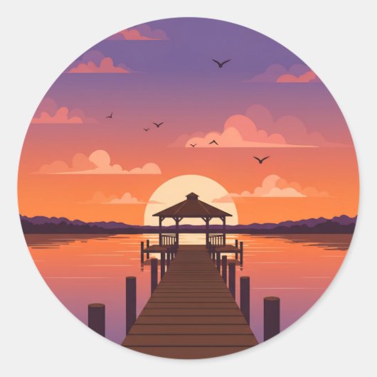 Golden Lake Sunset met houten dok Ronde Sticker (Voorkant)