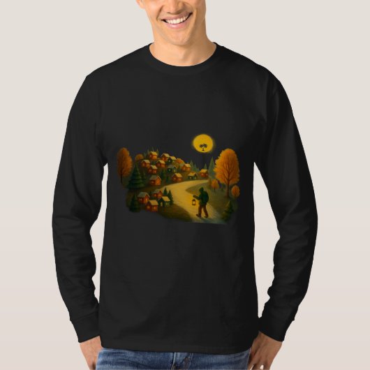 Golden Lantern Path Village Illustration Art Print T-shirt (Voorkant)