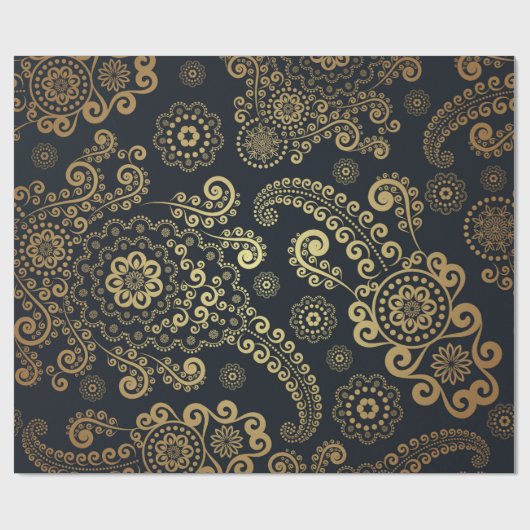 Golden Large Luxury Paisley op zwarte achtergrond Cadeaupapier (Vlak)