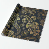 Golden Large Luxury Paisley op zwarte achtergrond Cadeaupapier (Uitgerold)