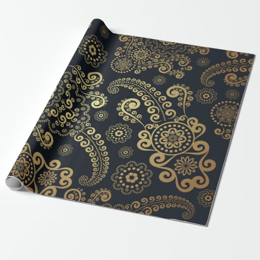Golden Large Luxury Paisley op zwarte achtergrond Cadeaupapier (Uitgerold)