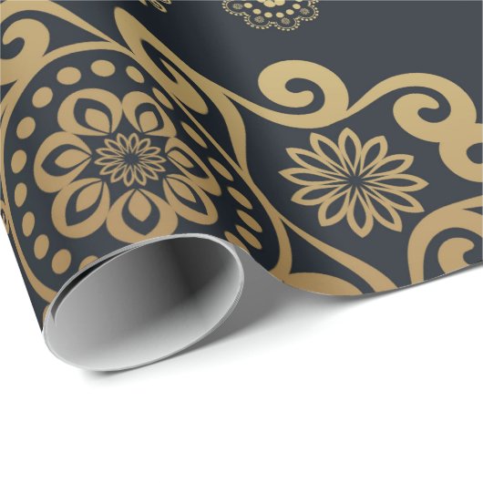Golden Large Luxury Paisley op zwarte achtergrond Cadeaupapier (Rol Hoek)