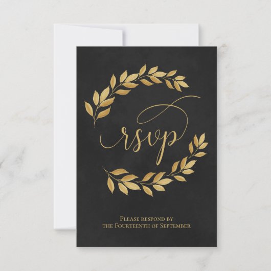 Golden Laurel Leaves op Black Elegant Wedding RSVP Kaartje (Voorkant)