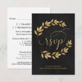 Golden Laurel Leaves op Black Elegant Wedding RSVP Kaartje (Voorkant / Achterkant)