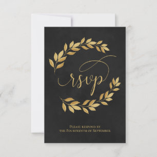 Golden Laurel Leaves op Black Elegant Wedding RSVP Kaartje