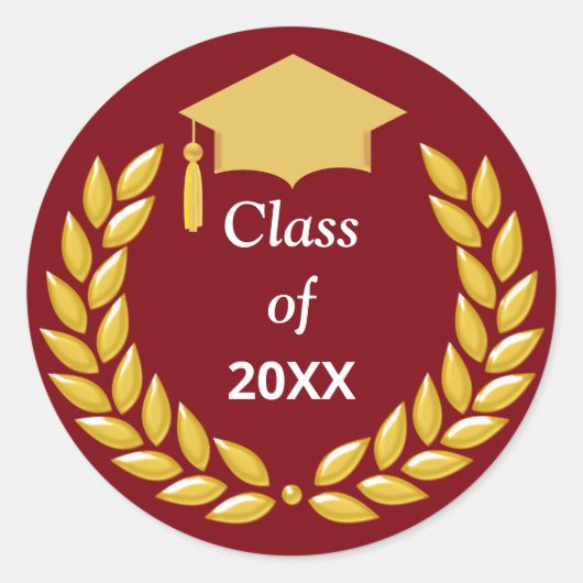 Golden Laurel Wreath Class of 20XX on Burgundy Ronde Sticker (Voorkant)