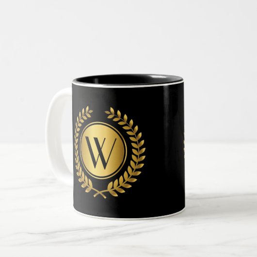 Golden Laurel Wreath Monogram Tweekleurige Koffiemok (Voorkant links)