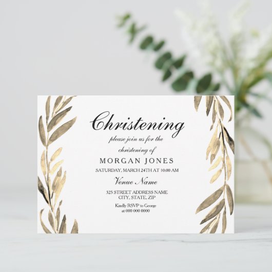 Golden Leaf Boy of Girl Christening Uitnodiging (Staand voorkant)