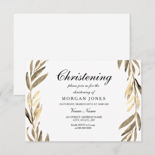 Golden Leaf Boy of Girl Christening Uitnodiging (Voorkant / Achterkant)