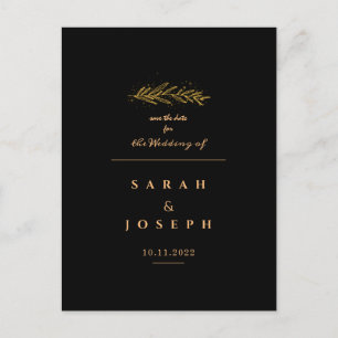 Golden Leaf Branch Sparkles Elegant Black Wedding Aankondigingskaart