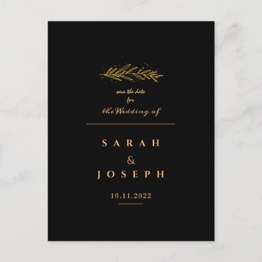 Golden Leaf Branch Sparkles Elegant Black Wedding Aankondigingskaart (Voorkant)