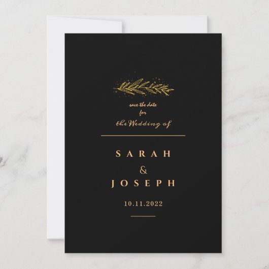 Golden Leaf Branch Sparkles Elegant Black Wedding Save The Date (Voorkant)
