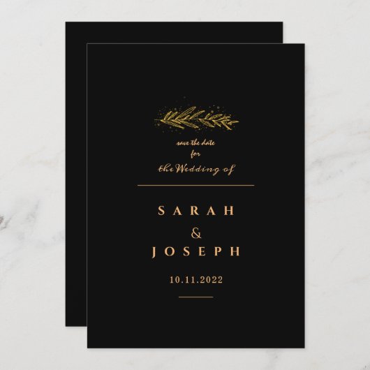 Golden Leaf Branch Sparkles Elegant Black Wedding Save The Date (Voorkant / Achterkant)