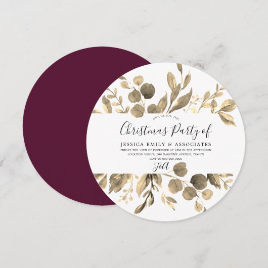 Golden Leaf & Burgundy Kantoor kerstparty Kaart (Voorkant / Achterkant)