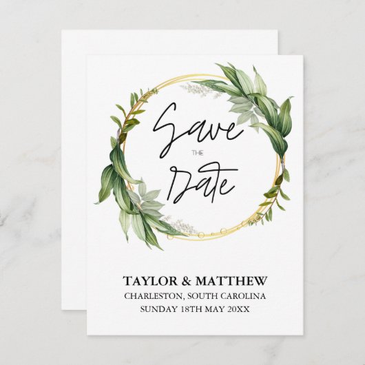 Golden Leaf Greenery Elegante bruiloft Save The Date (Voorkant / Achterkant)
