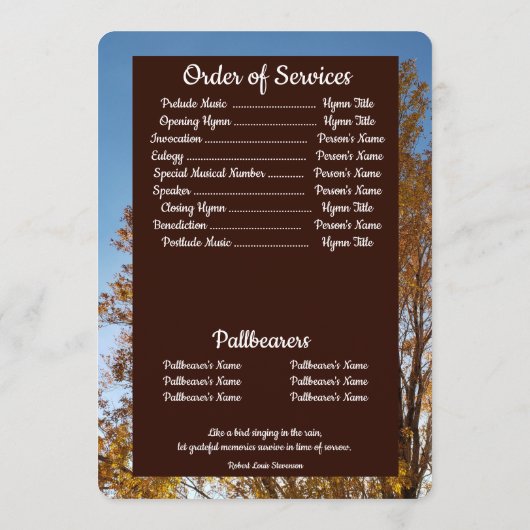 Golden Leaf Herfst Tree Achtergrond Begrafenis Programmakaart (Achterkant)